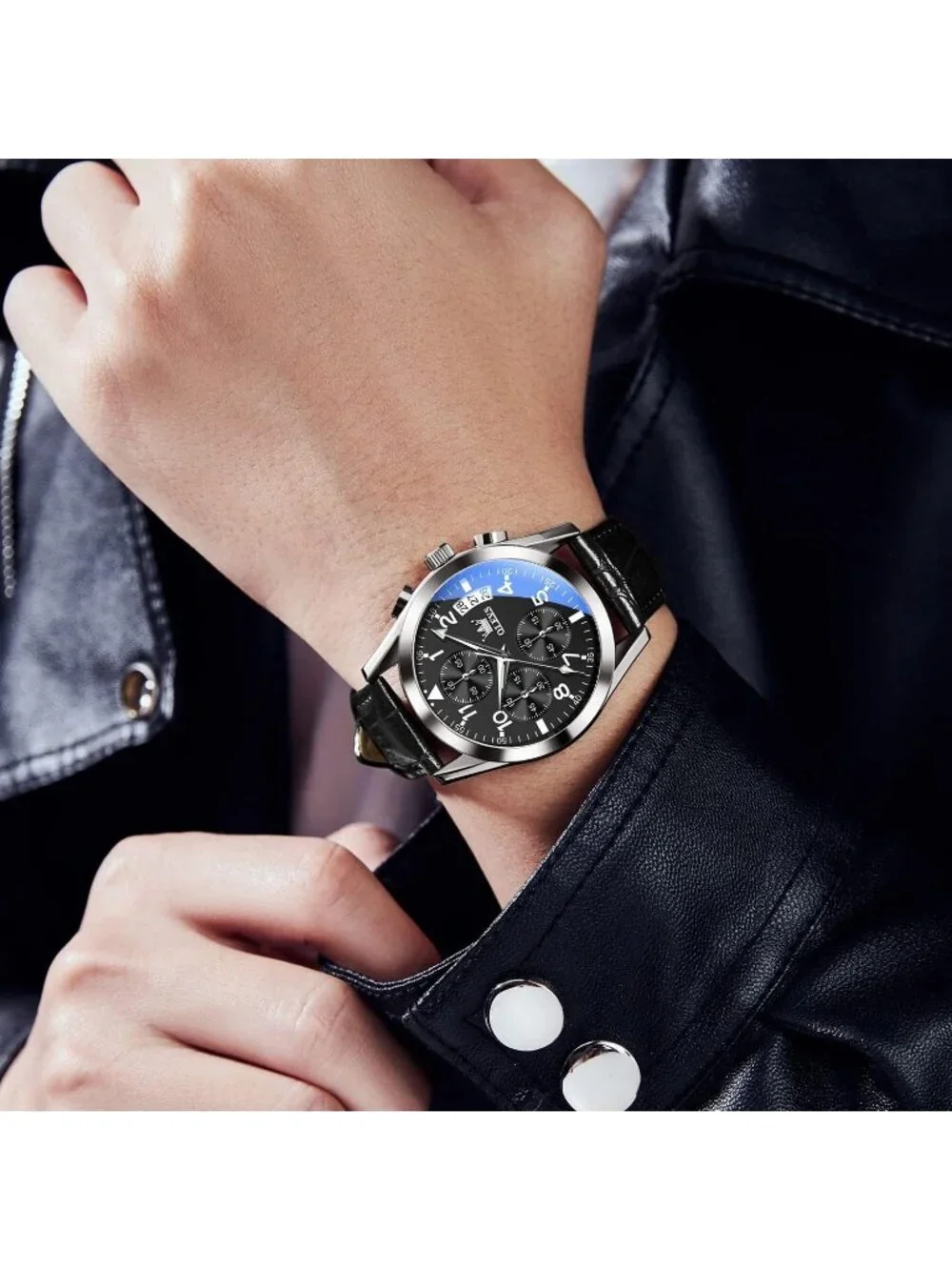 Men's Silver Black Leather Chronograph Watch Big Face Waterproof Luminous Watch